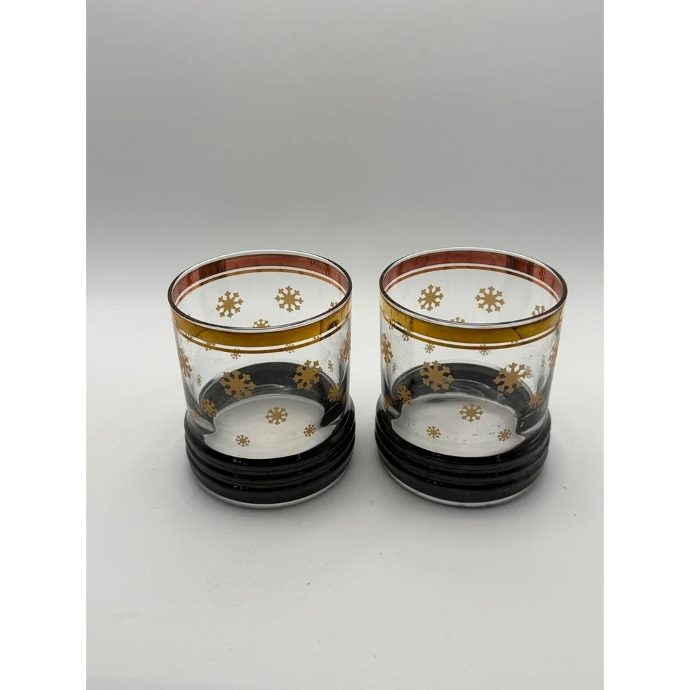 Vintage Style Gold Snowflake Rocks Glasses Black Ribbed Base Set of 2 Holiday